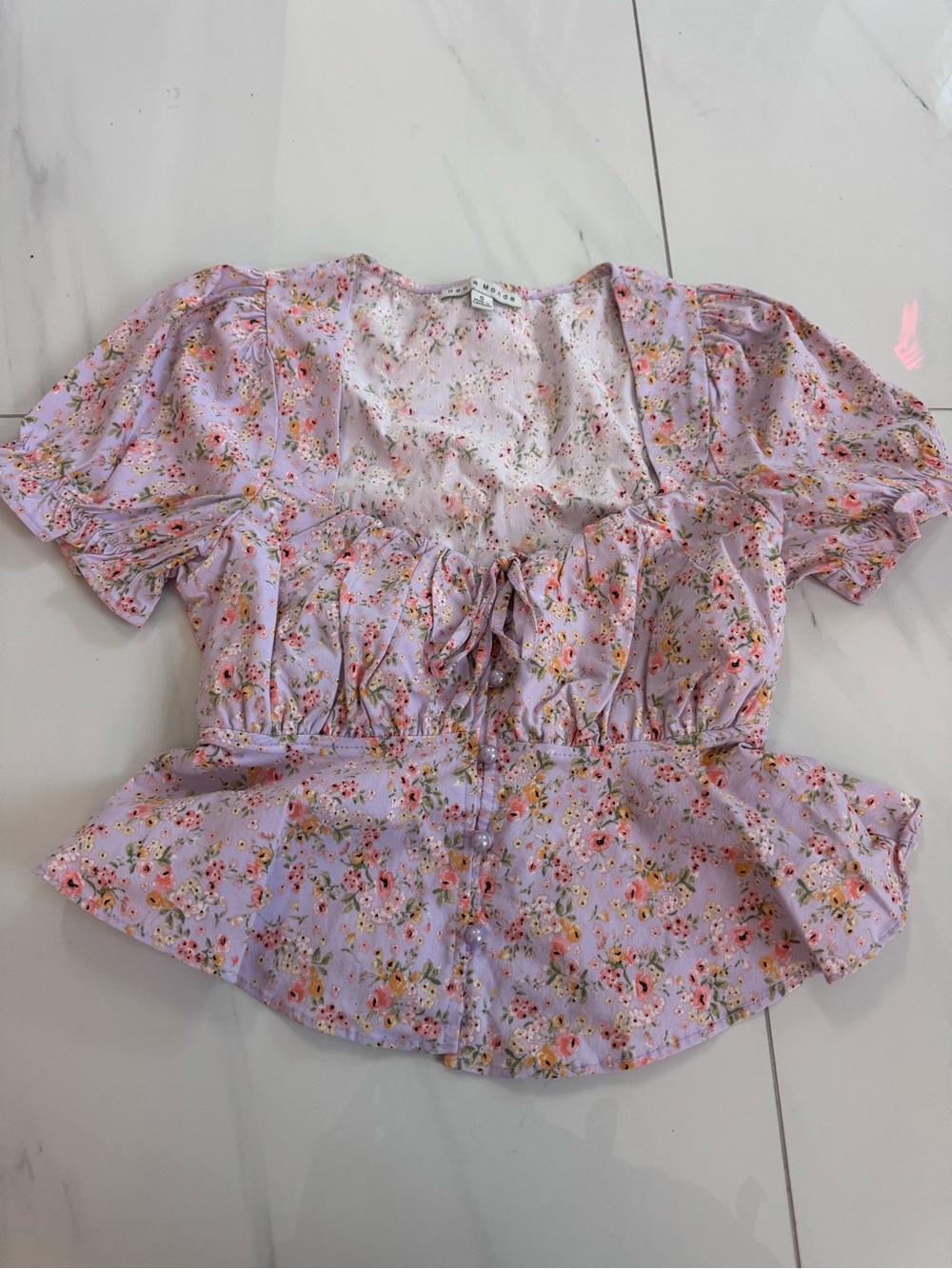 Haute Monde Lavender Floral Tie-Front Peplum Blouse